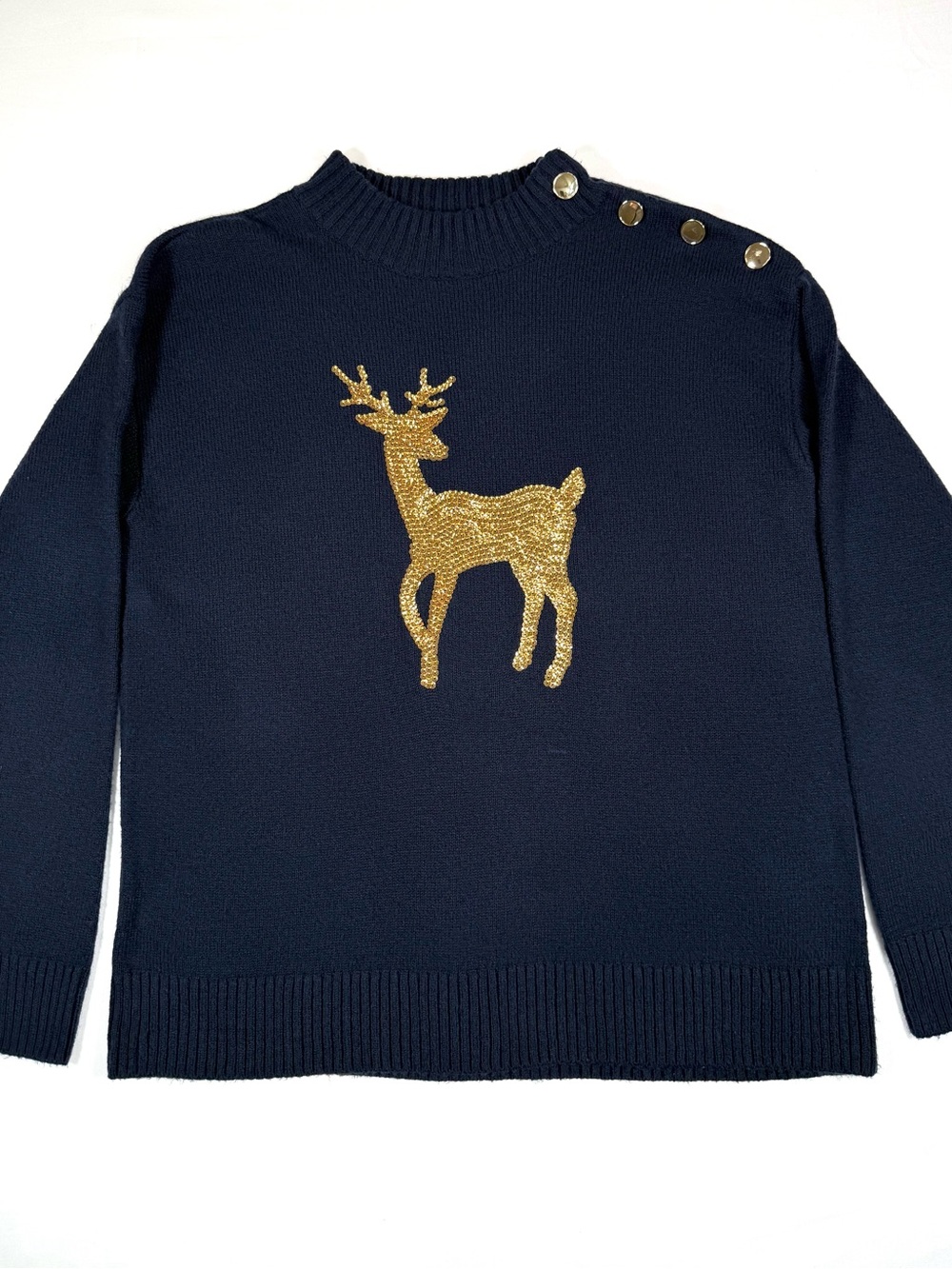 TALBOTS Womens Sequin Deer Button Mockneck Sweater S Holiday Christmas Preppy